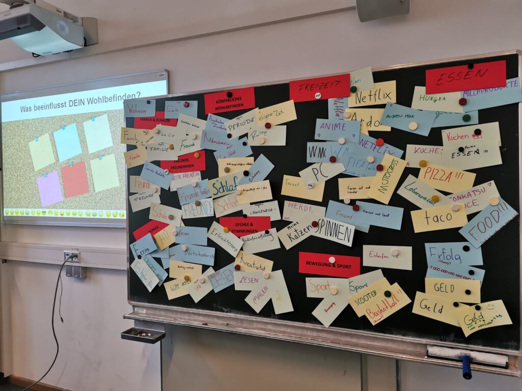 Eine Tafel im Klassenraum. Auf der Tafel sind mehrere bunte Kärtchen, die individuell beschrieben wurden. Diese Kärtchen sind durch rote Kärtchen mit Beschriftungen geclustert.